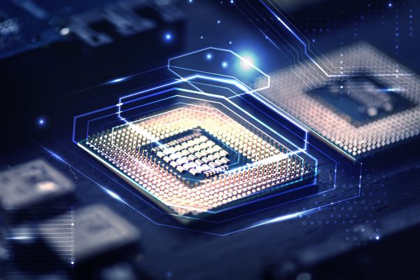 Smart microchip background on a motherboard closeup technology remix